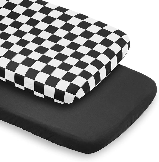 Sweet Jojo Designs 2-Piece Baby Bassinet Sheets Set (Black/White Gingham Checkered Plaid) for Boy/Girl, Infant Newborn Nursery, Oval, Rectangle & Hourglass Mattress (Solid Onyx & Classic Checkerboard)