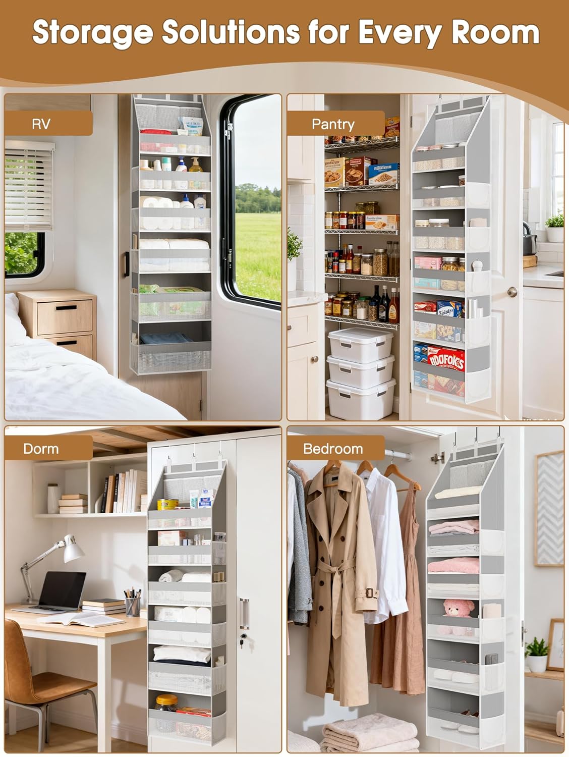Criusia Over the Door Organizer, 6-Shelf Closet Hanging Storage with 13 Mesh Pockets, 55lbs Capacity Behind the Door Storage for Baby Nursery, Bathroom, Bedroom, and Dorm, Beige