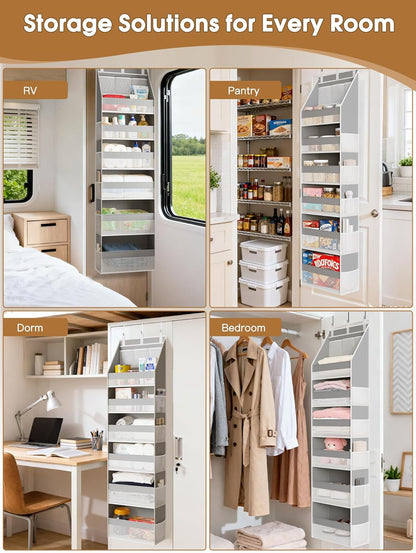 Criusia Over the Door Organizer, 6-Shelf Closet Hanging Storage with 13 Mesh Pockets, 55lbs Capacity Behind the Door Storage for Baby Nursery, Bathroom, Bedroom, and Dorm, Beige