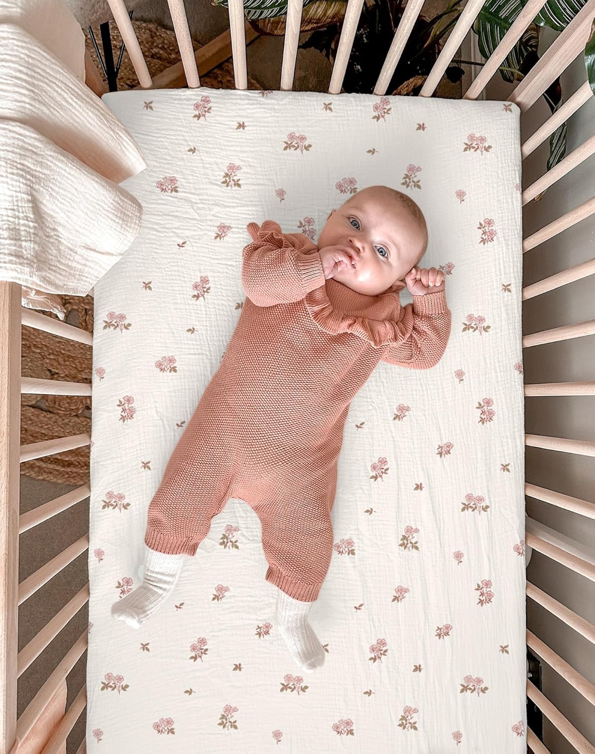 Muslin Bedside Bassinet Sheets 2 Pack, 33x20 Fitted Ultra Soft & Breathable Bedside Sleeper Sheets, Ideal for Baby Girl and Boy, Perfect for Newborns (Hopping Bunnies & Beige)