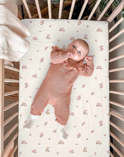 Muslin Bedside Bassinet Sheets 2 Pack, 33x20 Fitted Ultra Soft & Breathable Bedside Sleeper Sheets, Ideal for Baby Girl and Boy, Perfect for Newborns (Hopping Bunnies & Beige)