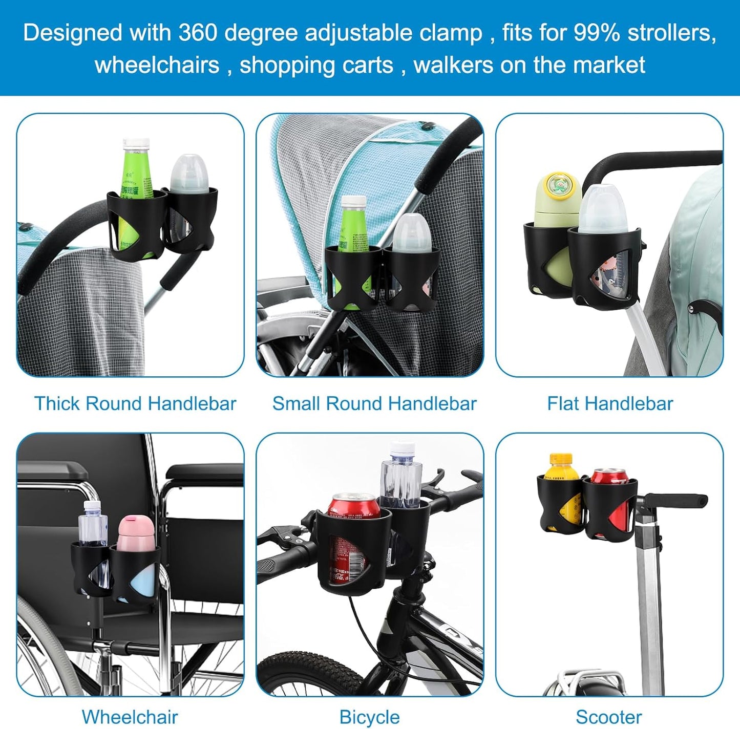 Accmor Universal Cup Holder, Stroller Cup Holder with Phone Holder, 360° Rotatable Large Caliber Designed Bottle Holder for Stroller, Bike, Wheelchair, Walker, Scooter