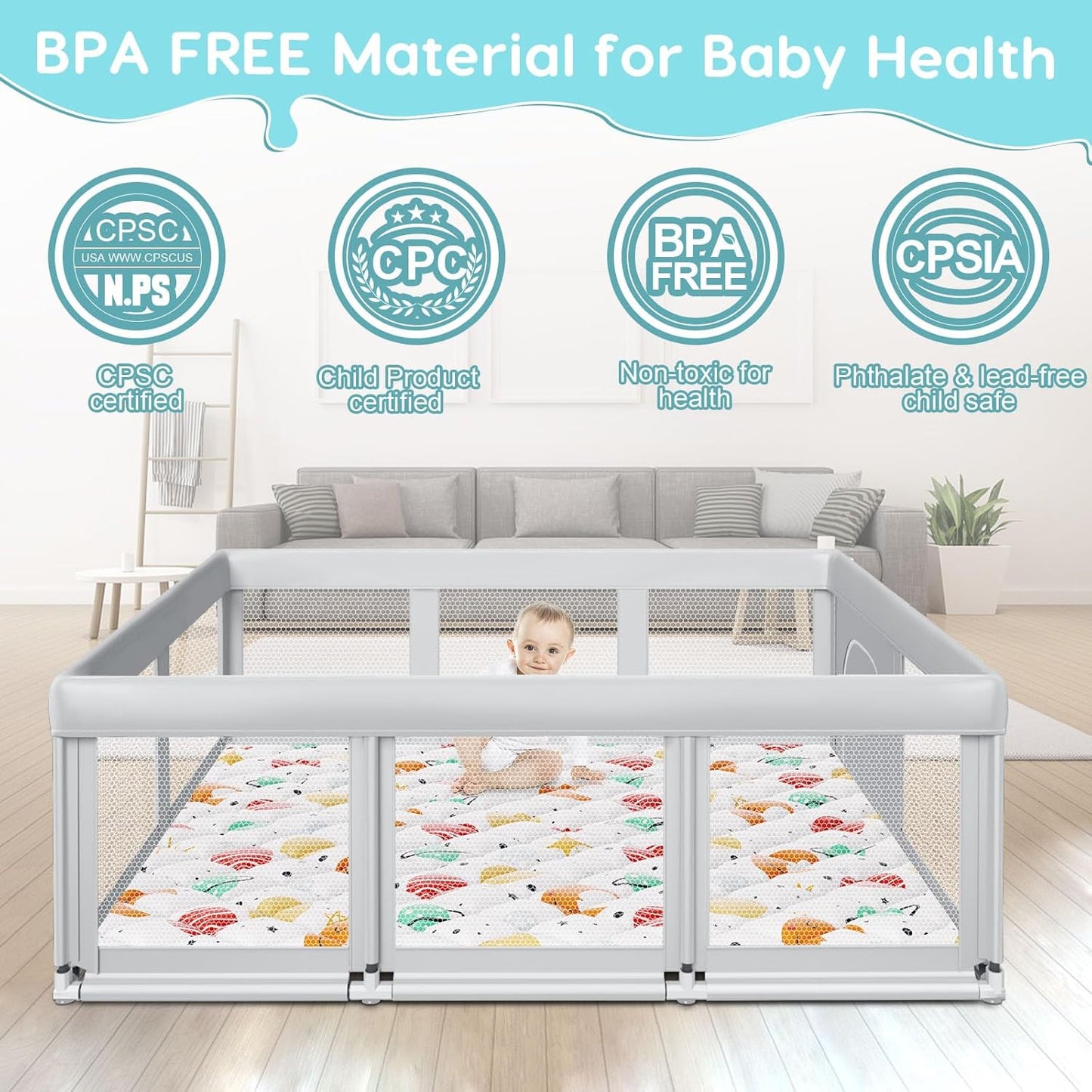 Fshibila 74" ×50" Large Baby Playpen, Baby Playard for Babies and Toddlers, Baby Fence Play Pens for Indoor & Outdoor, Sturdy Safety Play Yard with Soft Breathable Mesh, Anti-Fall, Grey