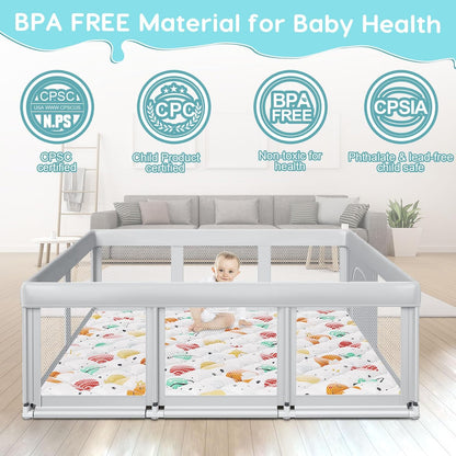 Fshibila 74" ×50" Large Baby Playpen, Baby Playard for Babies and Toddlers, Baby Fence Play Pens for Indoor & Outdoor, Sturdy Safety Play Yard with Soft Breathable Mesh, Anti-Fall, Grey