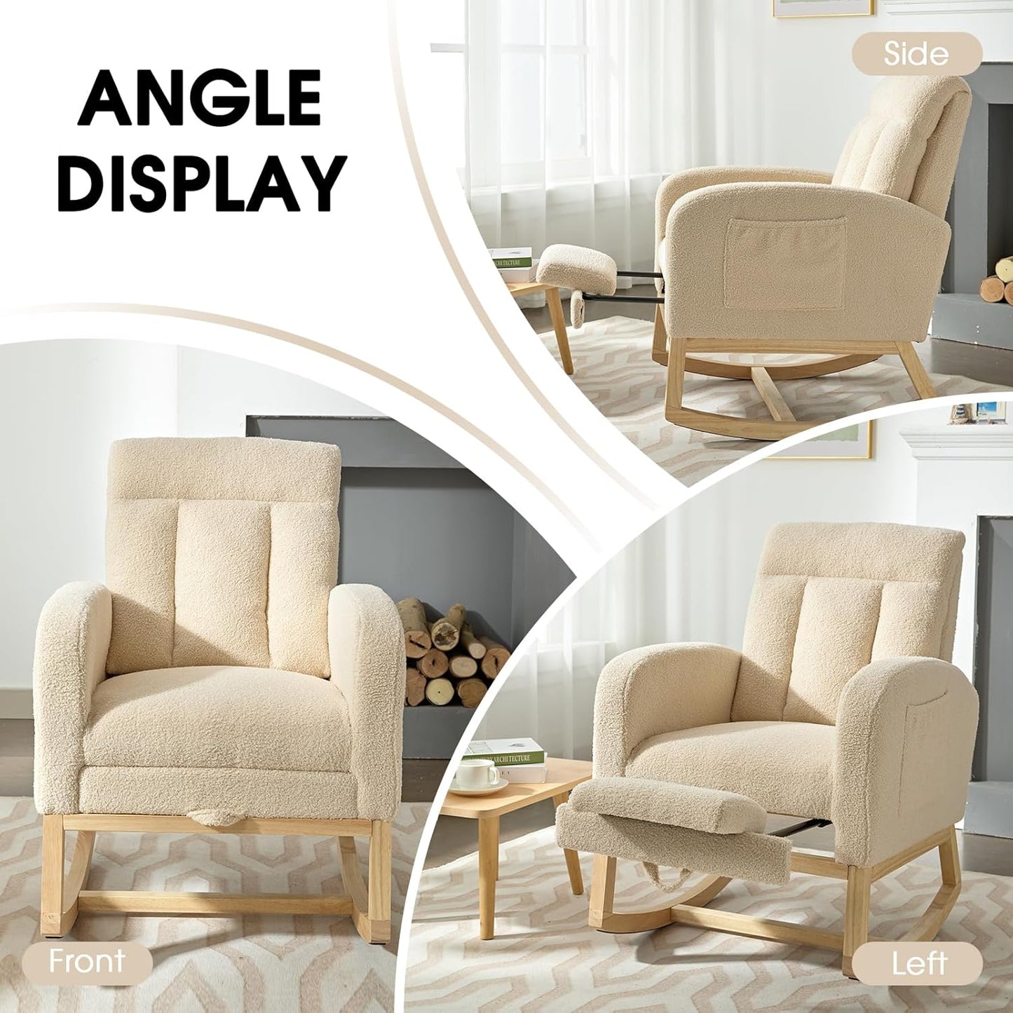 NIOIIKIT Modern Nursery Rocking Chair, Teddy Upholstered Rocking Chair with Footrest, Comfortable Rocker Recliner with Side Pocket, Rocker Glider for Living Room, Bedroom, Nursing Room (Apricot)