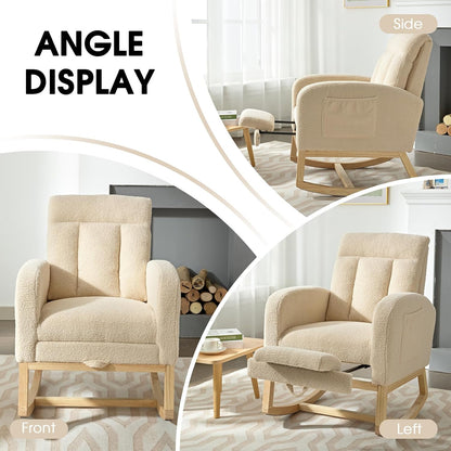 NIOIIKIT Modern Nursery Rocking Chair, Teddy Upholstered Rocking Chair with Footrest, Comfortable Rocker Recliner with Side Pocket, Rocker Glider for Living Room, Bedroom, Nursing Room (Apricot)