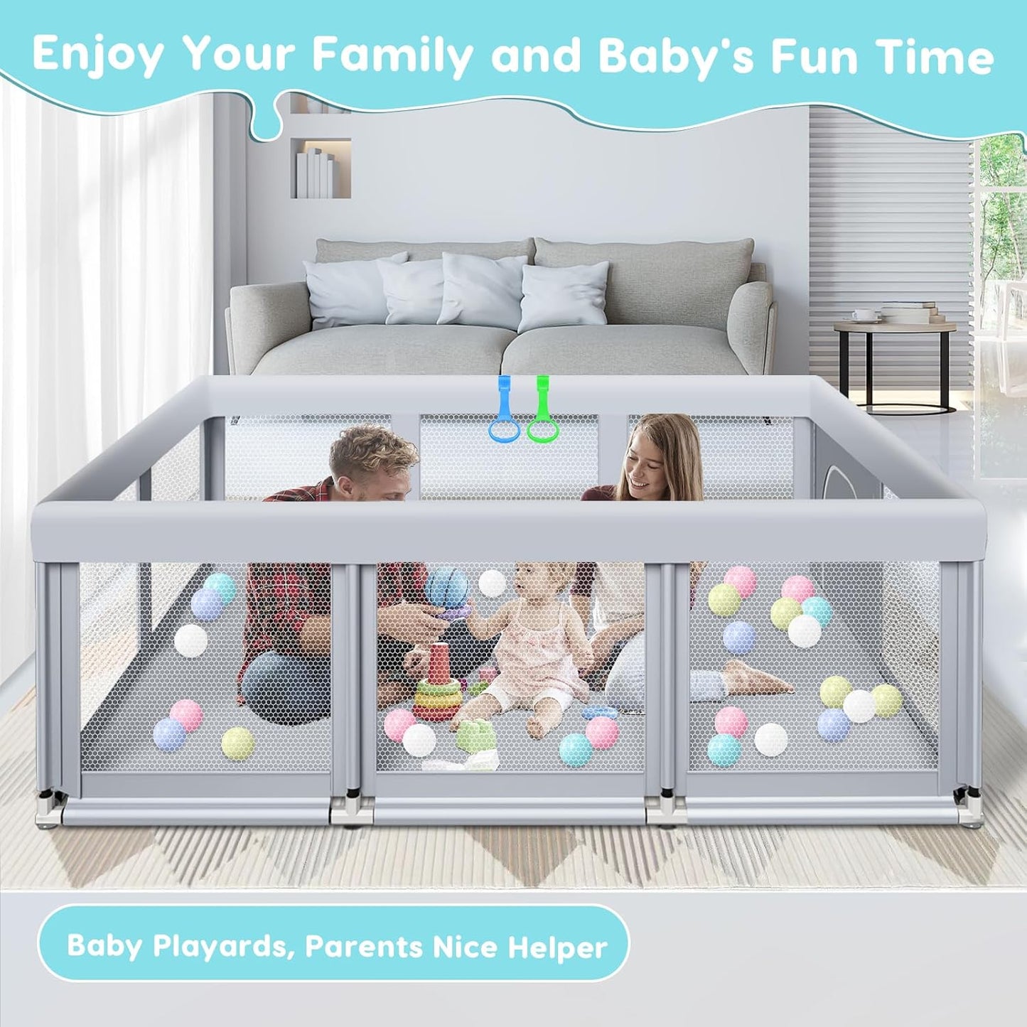 Fshibila 74" ×50" Large Baby Playpen, Baby Playard for Babies and Toddlers, Baby Fence Play Pens for Indoor & Outdoor, Sturdy Safety Play Yard with Soft Breathable Mesh, Anti-Fall, Grey