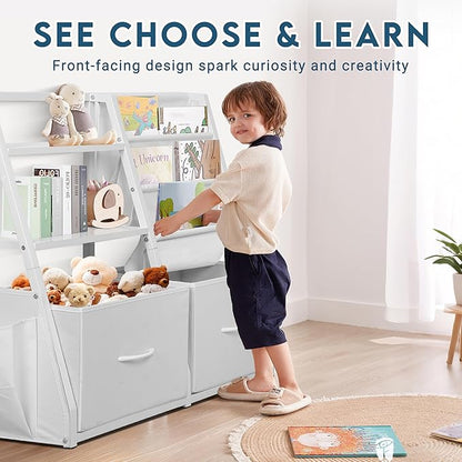 LOFTEY Kids Bookshelf and Toy Storage, Book Shelf for Kids Room, Toddler Montessori Bookshelf with 2 Drawers, Baby Book Shelf for Nursery, Toy Organizer, White