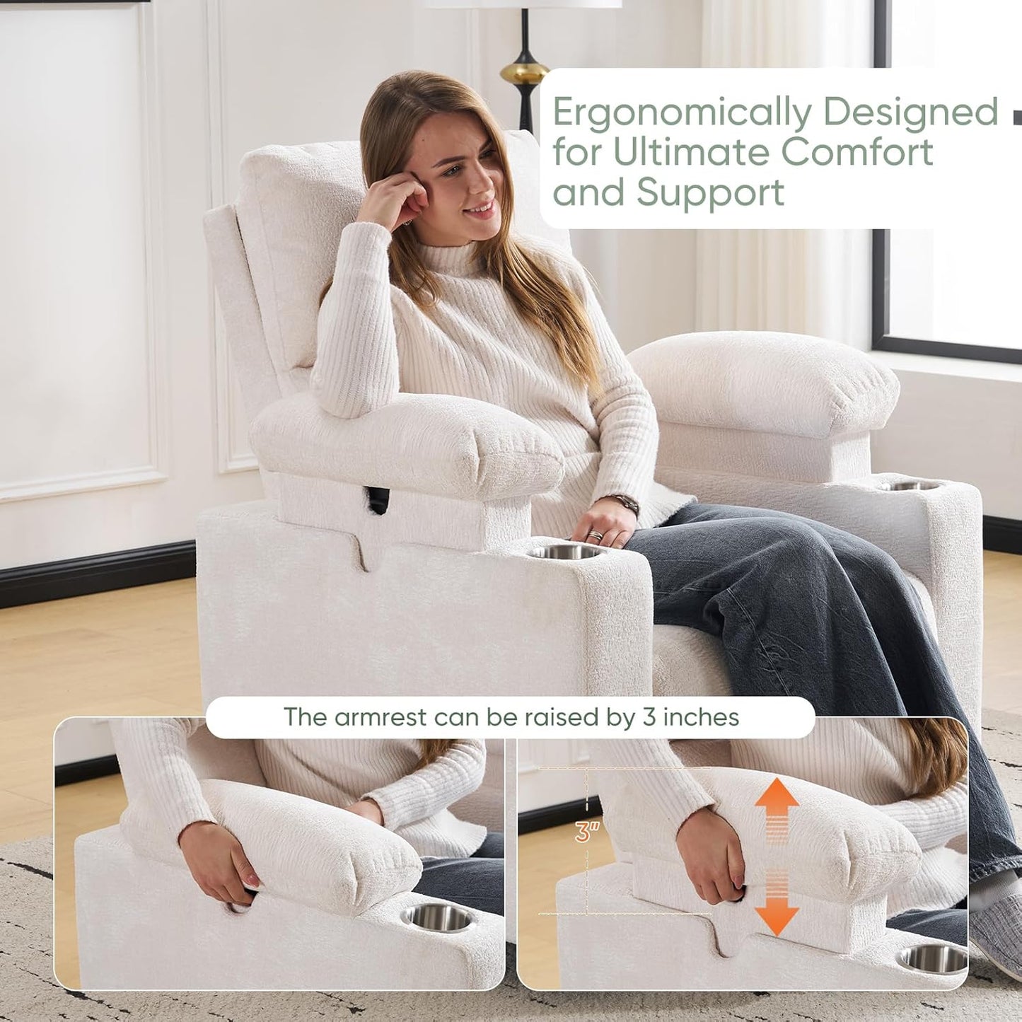 Rocking Chair Nursery with Adjustable Armrest for Breastfeeding, Glider Recliner Nursery Chair with Massage and Heat, Power Swivel Rocker Recliner with Adjustable Headrest, Corduroy, Beige