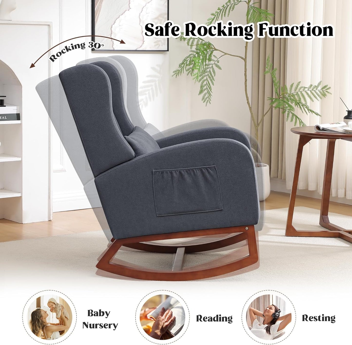 HCHAIRH Rocking Chair Nursery, Nursery Rocking Chairs with Foot Rest, Comfy Fabric Glider Rocker Nursing Chair with High Back for Nursing, Living Room, Bedroom, Beige