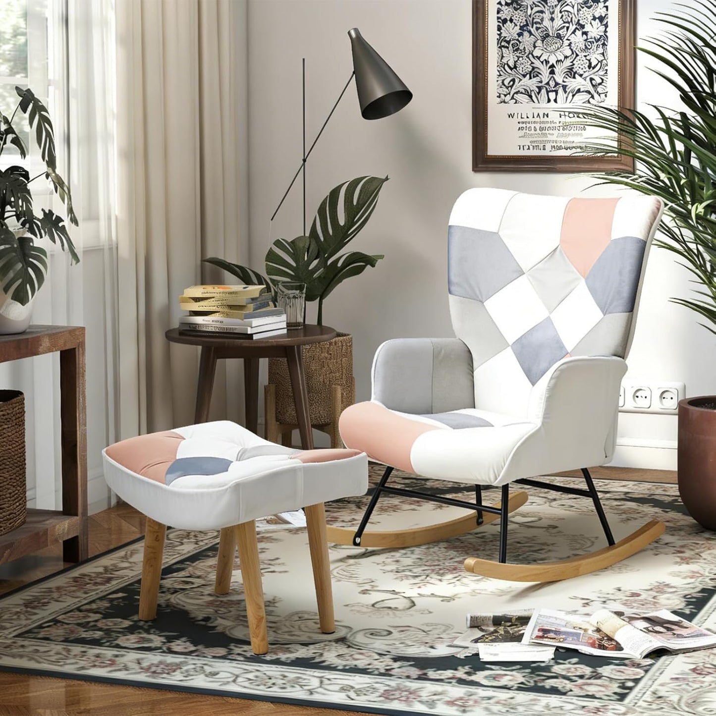 Nursery Rocking Chair, Baby Toddler Glider Rocker with Ottoman, Comfy Accent Chair, for Bedroom Living Room Small Spaces, Patchwork Linen, Colorful