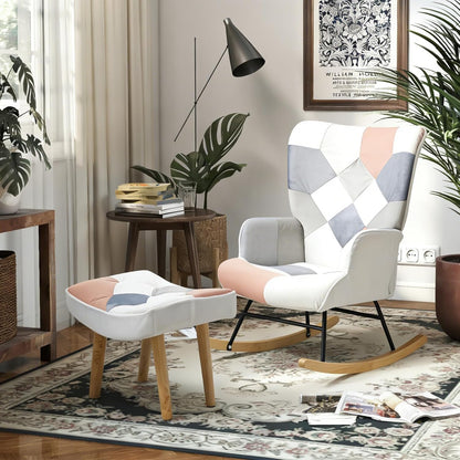 Nursery Rocking Chair, Baby Toddler Glider Rocker with Ottoman, Comfy Accent Chair, for Bedroom Living Room Small Spaces, Patchwork Linen, Colorful