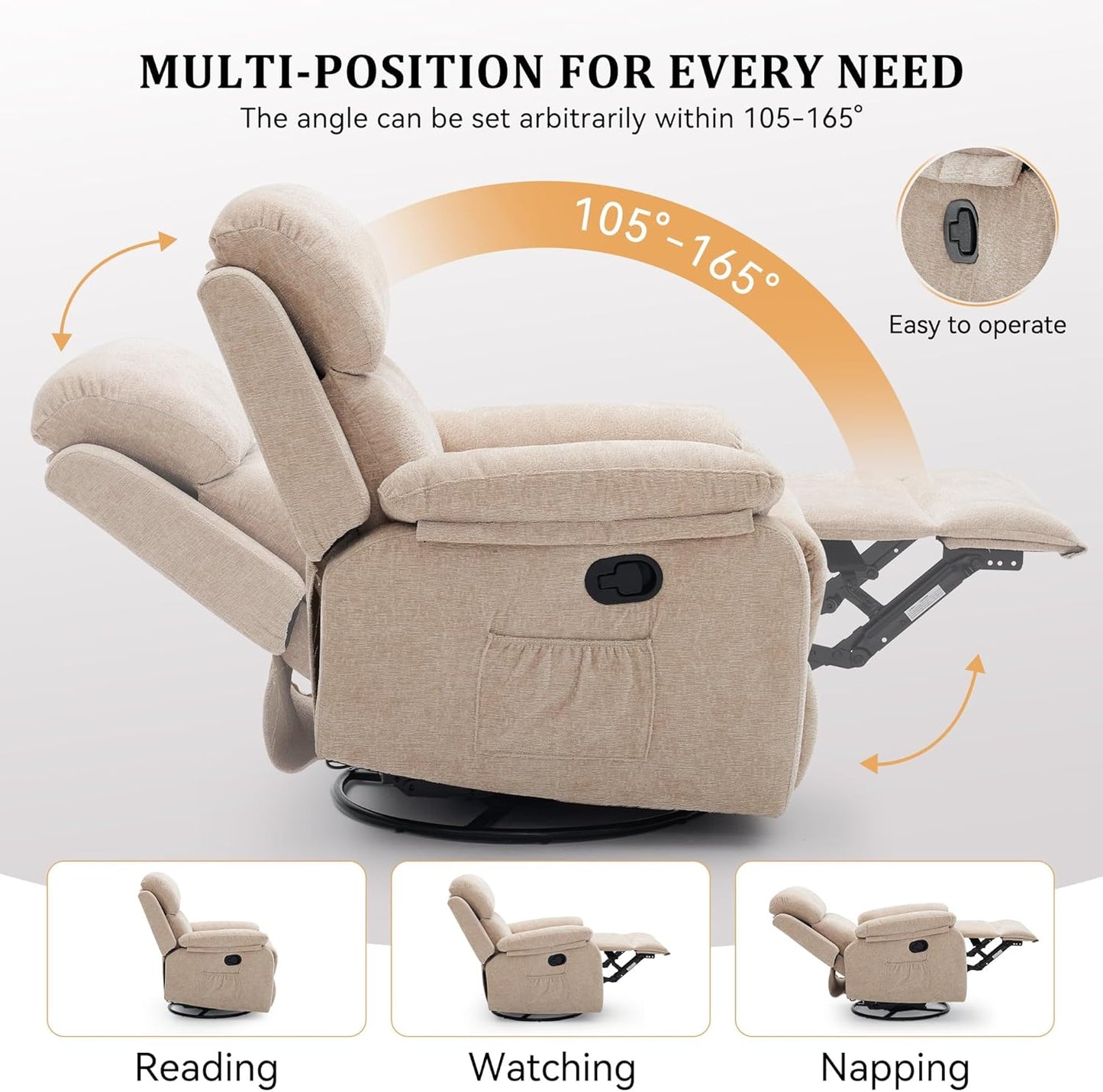 Korser Recliner Chair, 360 Swivel Rocker Chair for Adults, Small Rocking Recliner for Small Spaces, Upholstered Fabric Glider Recliner Nursery