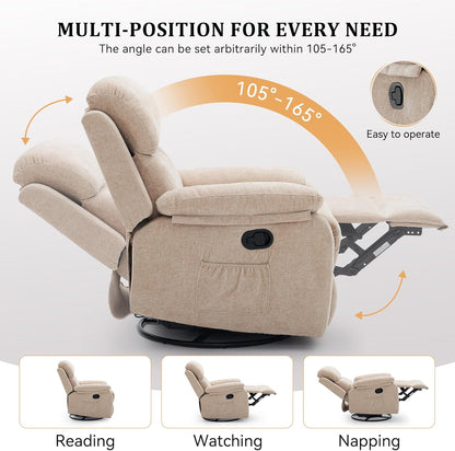 Korser Recliner Chair, 360 Swivel Rocker Chair for Adults, Small Rocking Recliner for Small Spaces, Upholstered Fabric Glider Recliner Nursery