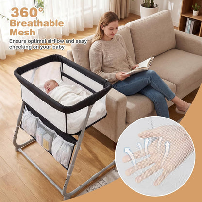 BABY JOY Bassinet, Bedside Crib w/Adjustable Height, Comfy Mattress, Full-Mesh Sides and Storage Pockets for Newborns Infants, Baby Bassinets Bedside Sleeper for Safe Co-Sleeping