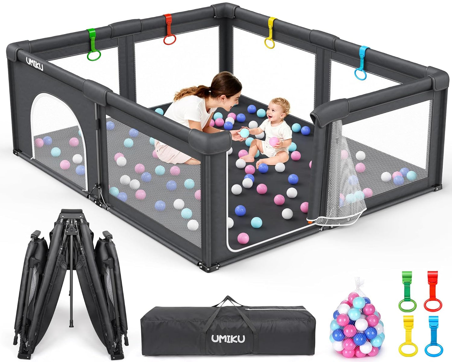 Baby Playpen Foldable Playpen for Babies and Toddlers, Large Playpens Portable Play Pen Play Yard for Kids Fence Indoor Outdoor Travel 4 Handlers 50 Balls Baby Gifts Essentials 50"X50" Dark Grey