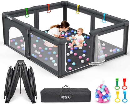 Baby Playpen Foldable Playpen for Babies and Toddlers, Large Playpens Portable Play Pen Play Yard for Kids Fence Indoor Outdoor Travel 4 Handlers 50 Balls Baby Gifts Essentials 50"X50" Dark Grey