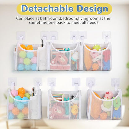 Bath Toy Storage, Detachable 6 Compartments Bath Toy Holder, Large Capacity Bathtub Toy Storage with Built-in Compartments Side Pockets, Mesh Shower Caddy for Sorting Baby Bathroom Toys - White