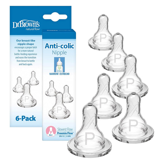 Dr. Brown's Natural Flow Level 1 Narrow Baby Bottle Silicone Nipple, Slow Flow, 0m+, 100% Silicone Bottle Nipple, 6 Count (Pack of 1)