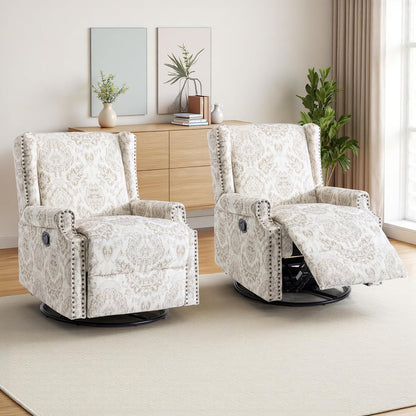 Swivel Rocker Recliner Chair, Manual Nursery Glider Recliner, Floral Fabric Wingback Accent Chair with Adjustable Backrest & Footrest for Small Spaces Living Room Bedroom (Plants Floral, Set of 1)