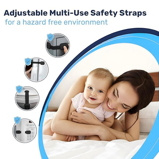 3M Adhesive Child Safety Strap Locks by Baby Proof Me, Baby Latches for Cabinets, Dishwashers, Fridges, Ovens and Trash Cans, Stain Free Toilet Lock (6 Safety Latches)