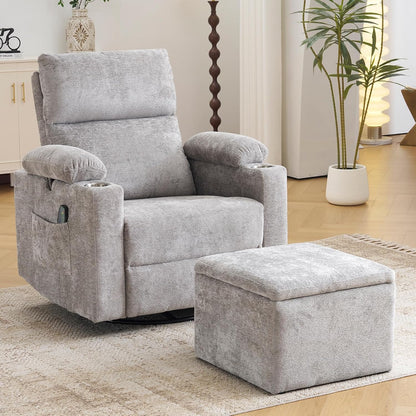 Rocking Chair Nursery with Adjustable Armrests, Electric Glider Recliner Nursing Chair for Breastfeeding, Power Swivel Recliner Chairs with Massage and Heat, Adjustable Headrest , FSC Certified, White