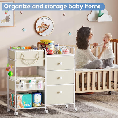 Cidaziya 2In1 Baby Diaper Caddy Organizer and Storage, 3 Tier Rolling Cart with Drawer, Mobile Utility Cart Baby Dresser Clothes Organizer for Crib, Art & Craft Storage, White, 17"W x 11.42"D x 33.5"H