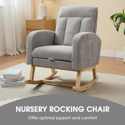 NIOIIKIT Nursery Rocking Chair, Corduroy Upholstered Rocking Chair with Adjustable Footrest, Tufted Rocker Chair with Side Pocket, Glider Rocker for Living Room, Bedroom (Cream Retro)