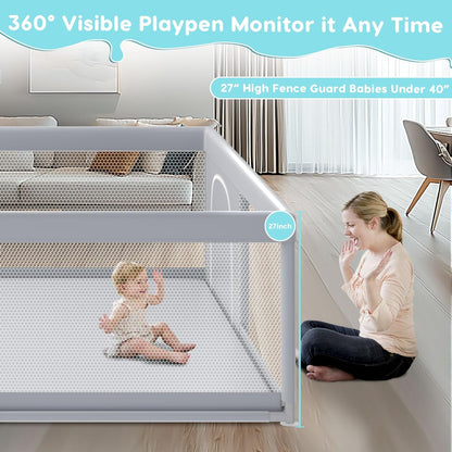 Fshibila 74" ×50" Large Baby Playpen, Baby Playard for Babies and Toddlers, Baby Fence Play Pens for Indoor & Outdoor, Sturdy Safety Play Yard with Soft Breathable Mesh, Anti-Fall, Grey
