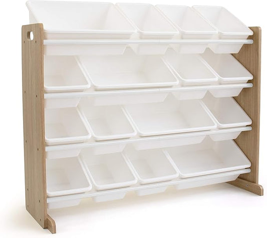 Humble Crew Toy Storage Organizer with 16 Removable Storage Bins for Kids Playroom, 4-Tier Toddler Toy Organization and Storage, Natural Wood/White