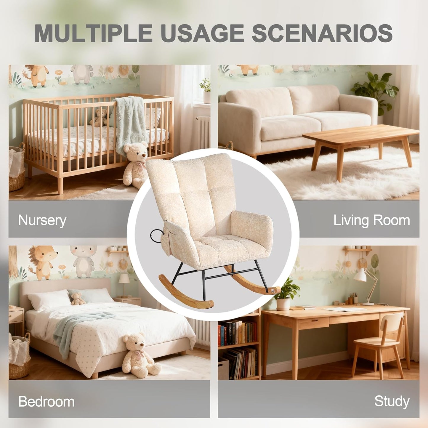 Rocking Chair Nursery with Airbag, Comfy Modern Nursery Rocking Reading Chair indoor with Footrest, Cozy Upholstered Glider Rocker Chairs for Living Room Bedroom Offices(Chenille, Dark Grey)