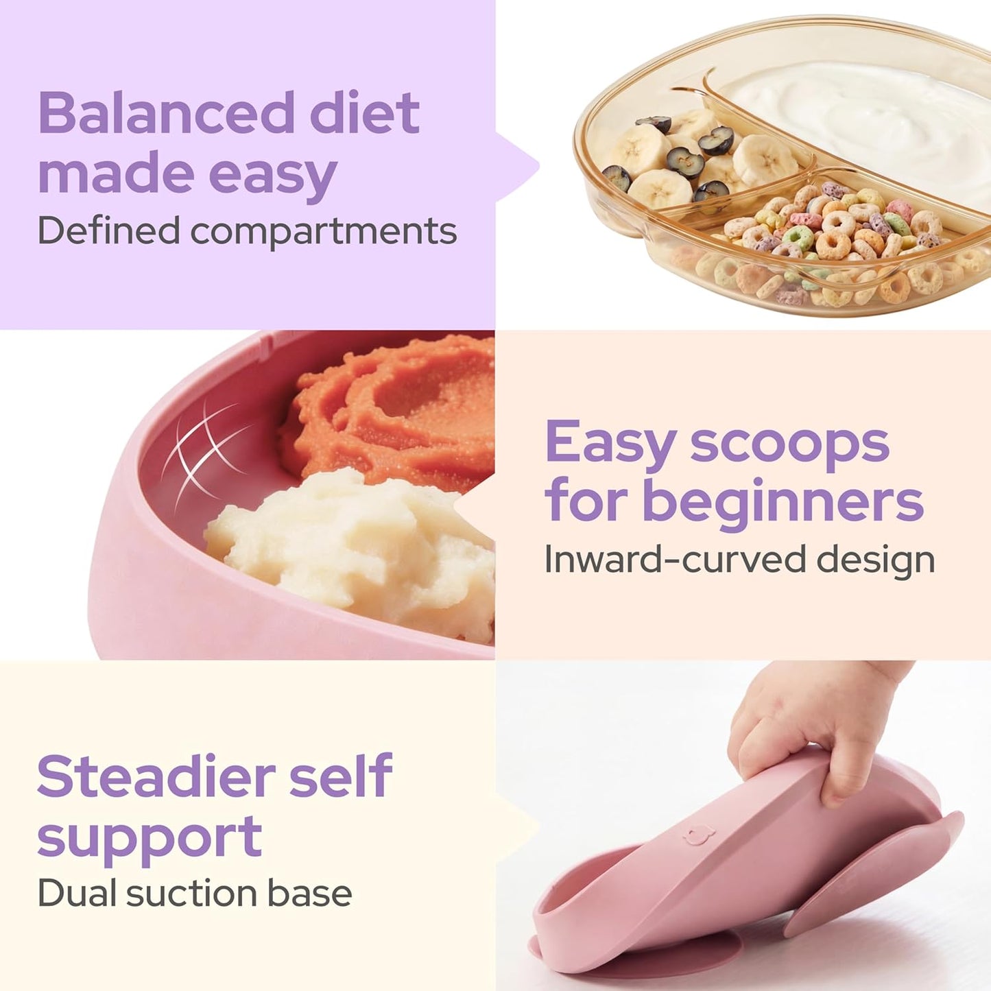 3-in-1 Baby Suction Plates for Toddlers 6-36 Months - Premium Bottle-Grade PPSU Silicone Divided Dishes, Stage-Based Self-Feeding Supplies, BPA Free Stain & Odor Resistant, Microwave Dishwasher Safe