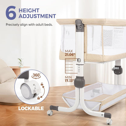 MOMFANN Baby Bassinet Bedside Sleeper, Upgraded Stability Bedside Crib with Full Mesh Sides, Soft Sheet, 6-Height Adjustment, Storage Basket, Easy Folding Portable Bassinet for Newborns, Gray