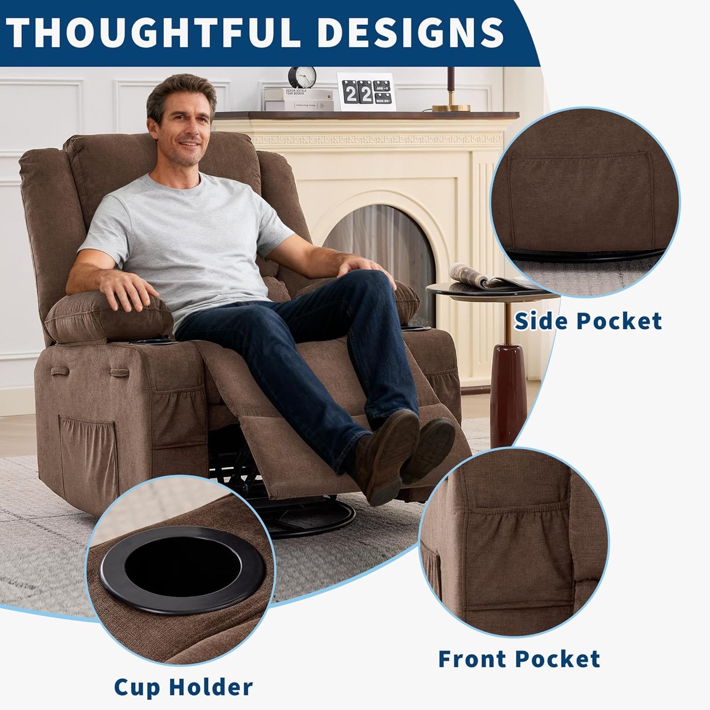 GarveeHome 360° Swivel Recliner Chair for Adult, Linen Rocker Chair with 3 Positions/2 Side Pockets/Cup Holders, Manual Nursery Glider Rocking Chair for Bedroom Living Room Office