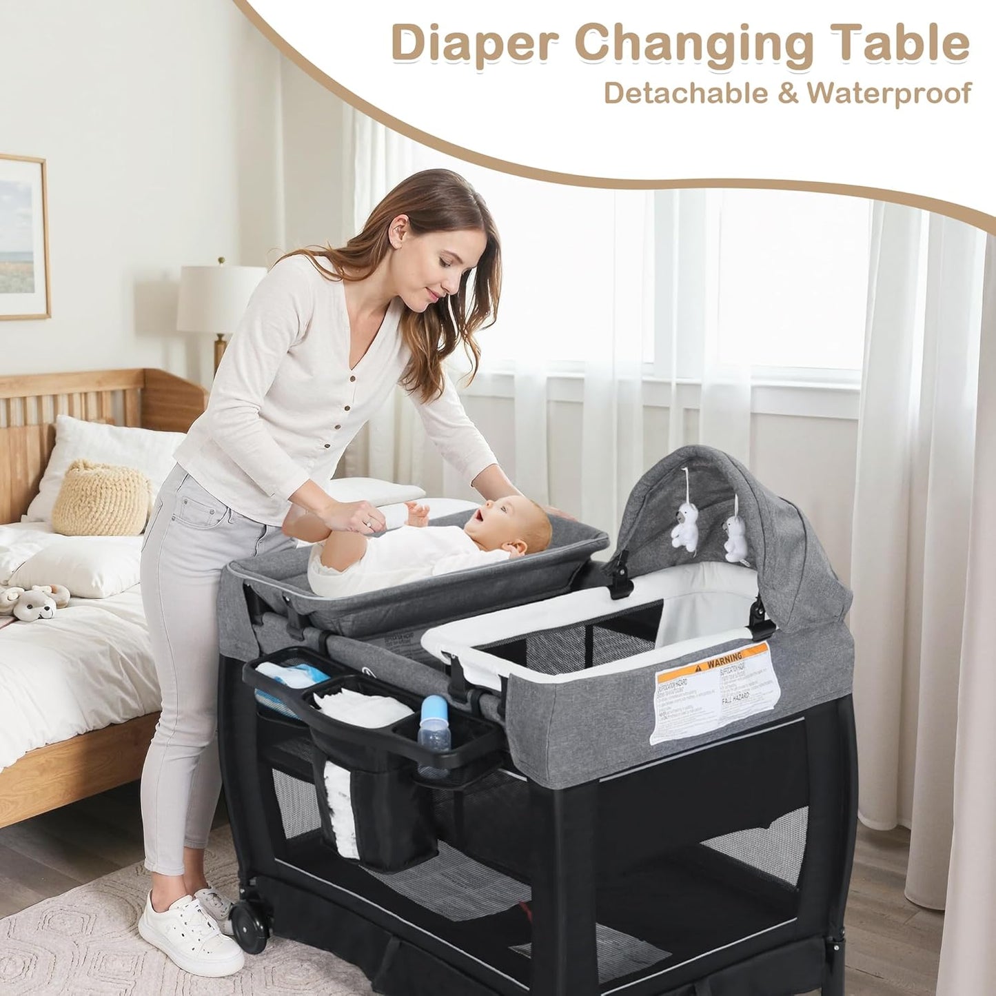 TODEFULL 4 in 1 Multifunctional Pack and Play, Foldable Baby Playards with Changing Table & Breathable Mesh, Baby Playpen for Babies and Toddlers, Black