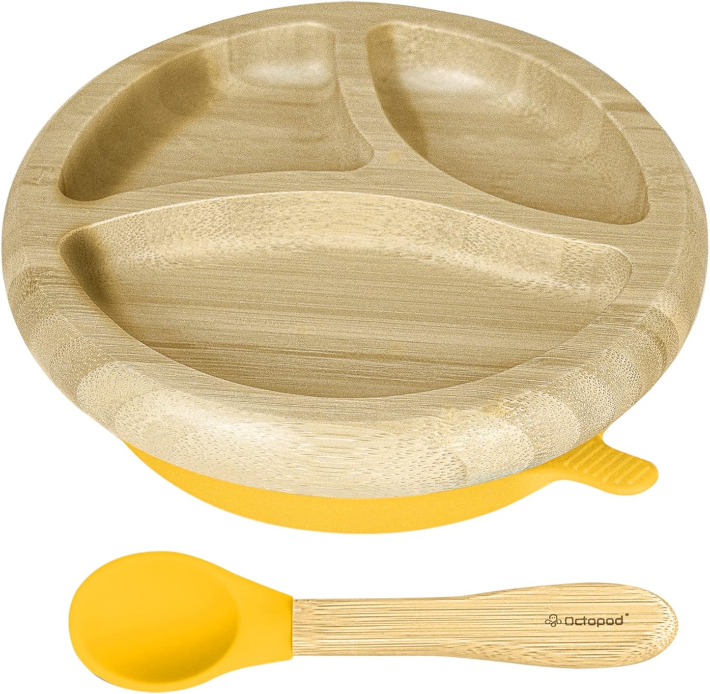 Abiie Octopod Bamboo Dish - Kids Plates for 4 months and up, 3-Compartment Baby Plates with Suction, Triangle Bamboo Baby Plate, Mess-Free Toddler Suction Plates, Baby Feeding Supplies, 8.3x1.9x7.7 in