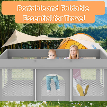 Foldable Large Baby Playpen 71"×71", Portable Playard for Babies & Toddlers, Lightweight Safety Baby Fence, No Installation, Indoor & Outdoor Playpen with 150 Ocean Balls, Beige