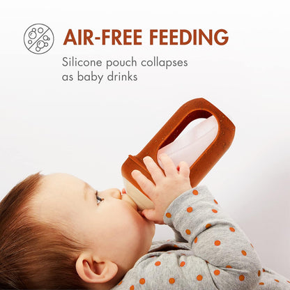 Boon Nursh Reusable Silicone Pouch Baby Bottles - Medium Flow Nipple - Silicone Baby Bottle Pouch and Nipple - Baby Feeding Essentials - Gray - 3-6 Months - 3 Count - 8 Ounce