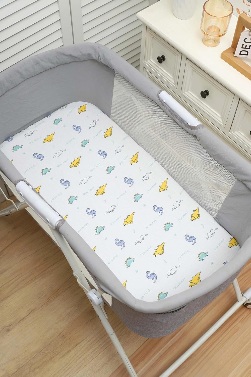 Onacosht Muslin Bassinet Sheets 3 Pack, 100% Cotton Baby Fitted Sheet 33" x 19" Compatible with Mika Micky, KoolaBaby (3 in 1), BabyBond, HARPPA and RICUTON Bedside Bassinet, Green, Floral and Cactus