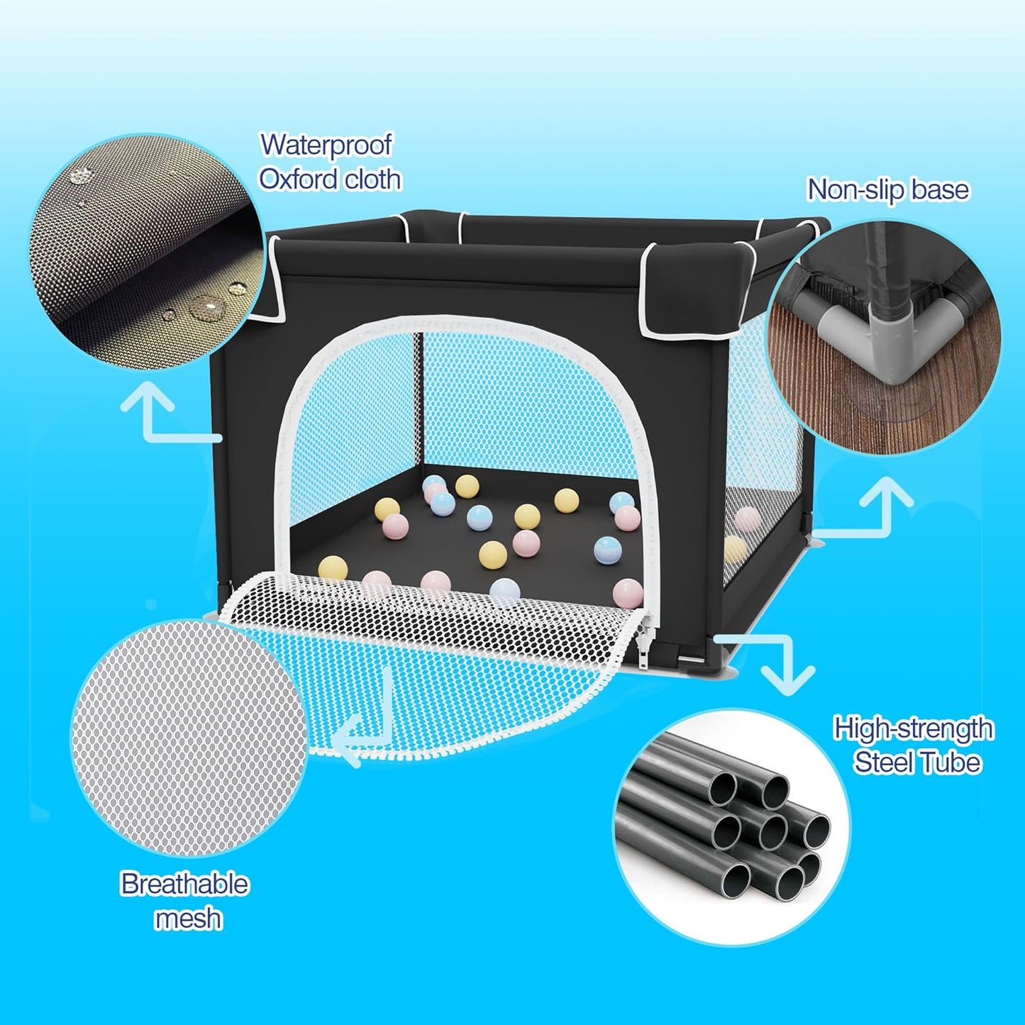 Grobeybees Playpen for Babies and Toddlers, Small Baby Playpen, Playard with Bag, Indoor & Outdoor Play Pen, Sturdy Safety Baby Play Yard with Soft Breathable Mesh(Black, 36x36 inches)