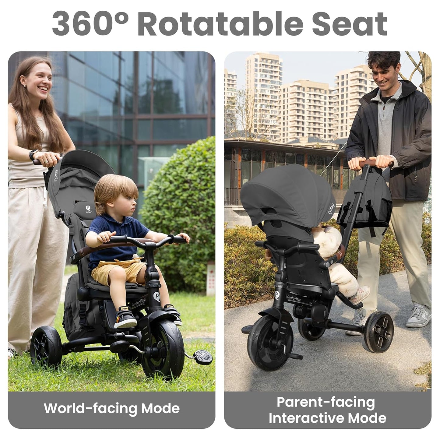 QPlay Toddler Bike Stroller for Baby 10 Months to 6 Years Old, 8-in-1 Foldable Stroller Bike for Toddlers 3-5 Boys & Girls Gifts Trike — Adjustable Handle, Triple Footrest, Canopy & Storage Bag