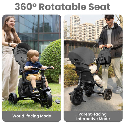 QPlay Toddler Bike Stroller for Baby 10 Months to 6 Years Old, 8-in-1 Foldable Stroller Bike for Toddlers 3-5 Boys & Girls Gifts Trike — Adjustable Handle, Triple Footrest, Canopy & Storage Bag