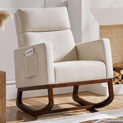 Yaheetech Upholstered Rocking Chair, Boucle Glider Chair Nursery Chair with High Back and Side Pocket, Rocking Accent Armchair with Rubber Wood Legs for Living Room/Bedroom/Nursery, Ivory