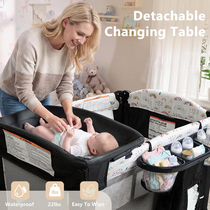 Kinder King 4 in 1 Portable Baby Playard, Foldable Baby Bedside Crib w/Bassinet, Infant Pack and Play Playard Toddler Large Playpen, Newborn Changing Table, Storage Basket, Grey