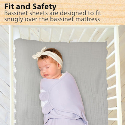 3-Pack Bedside Sleeper Bassinet Sheets | GOTS Certified Organic 100% Muslin Cotton | Ultra Soft & Breathable | 33×20×4” Fitted Sheets | Universal Fit 29–33” x 17–21” Pads