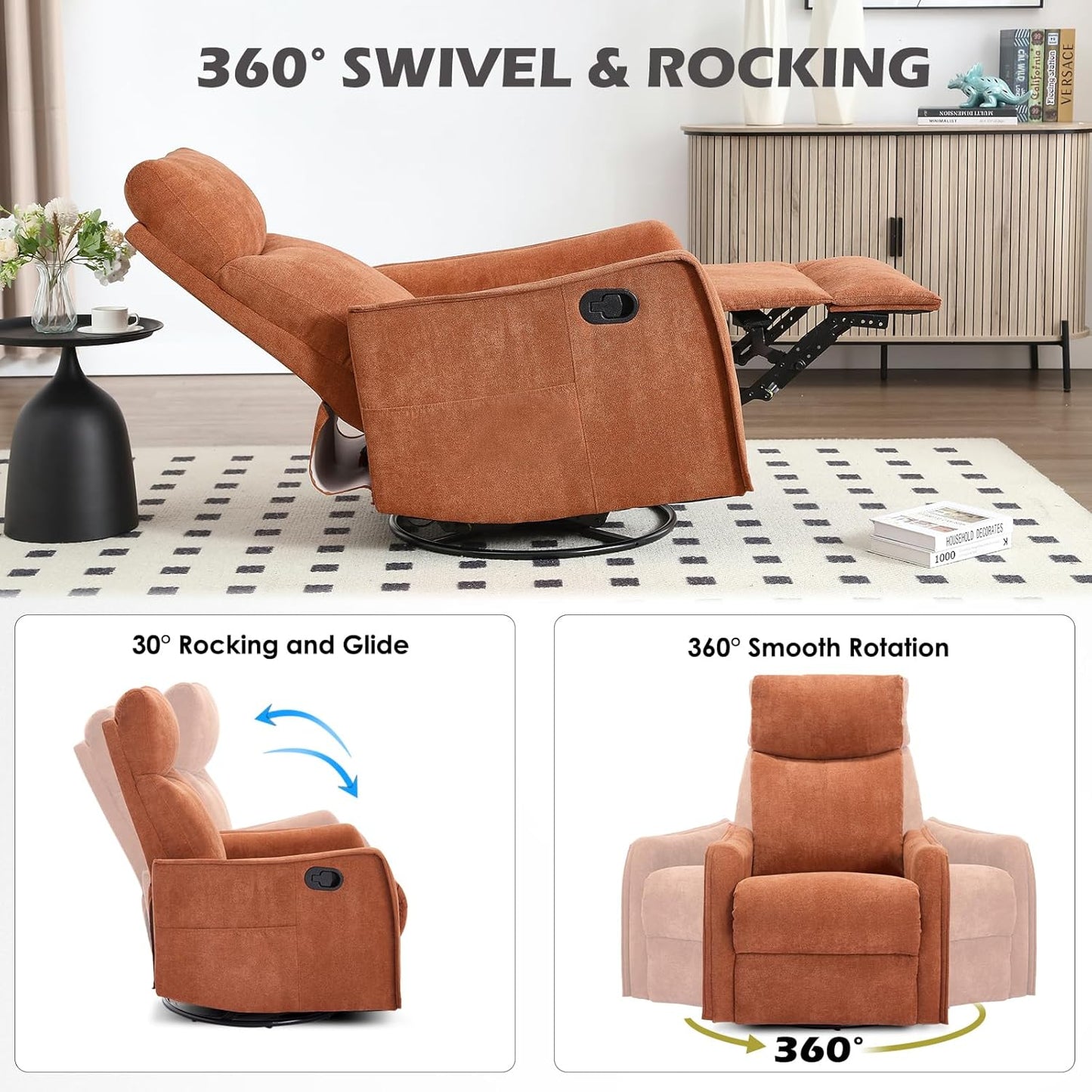 Trustyue Swivel Rocker Recliner Chair, 360° Swivel Recliner with Heat and Massage, Rocker Recliner Nursery Glider Chair with Side Pockets for Living Room (Beige, Fabric)