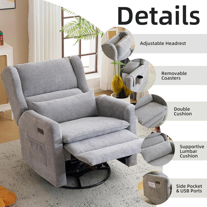 Large Glider Rocker Recliner,Rocking Chair Nursery with Adjustable Headrest,Swivel Rocker Recliner with Lumbar Support,Manual Nursery Rocker Recliner for Living Room& Bedroom,Chenille White