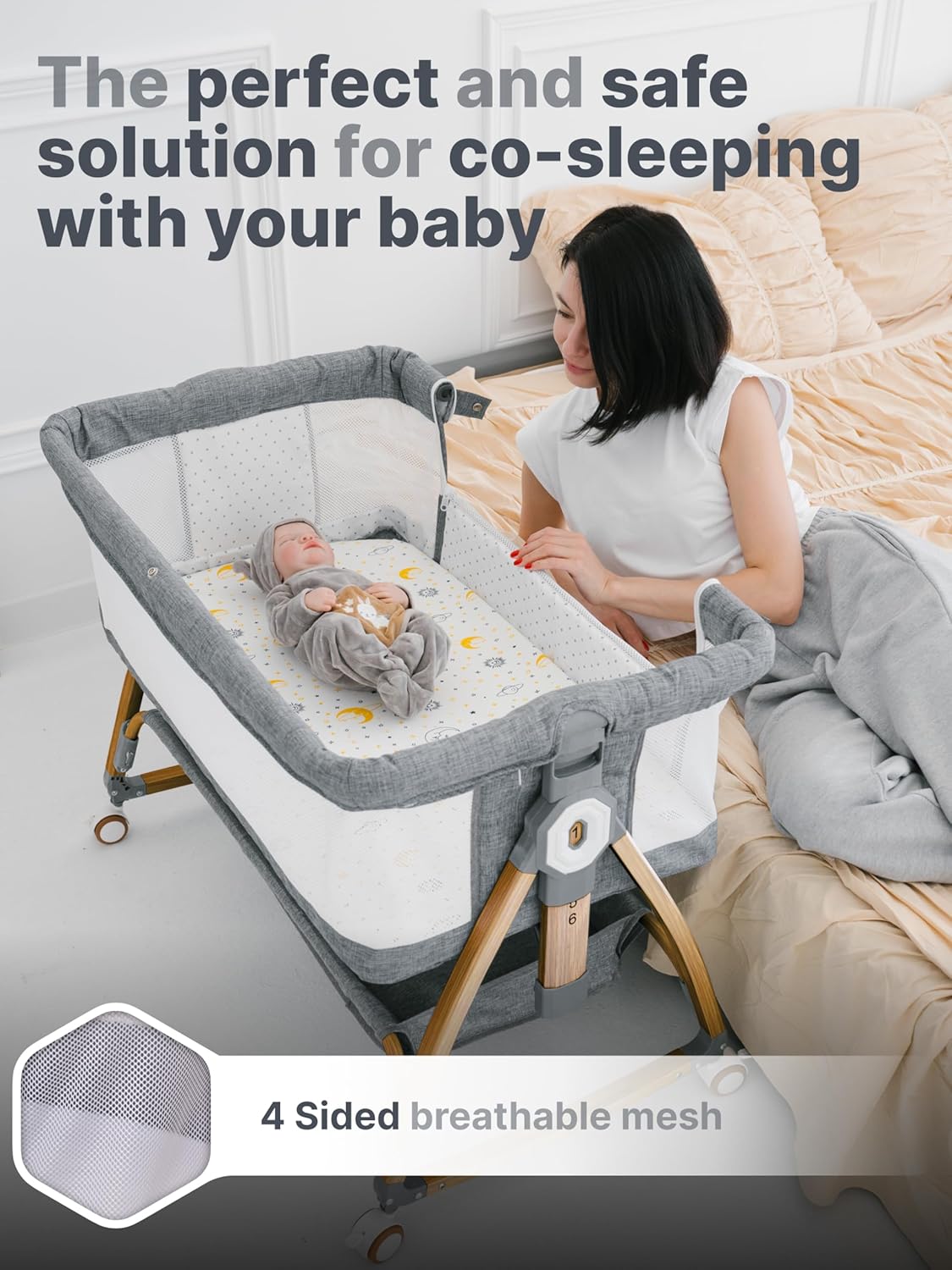 Earth&ME Baby Bassinet Bedside Sleeper with Rocking - All Mesh Portable Bedside Crib for Safe Co-Sleeping, Storage Basket and Wheels, Adjustable Height, Includes Travel Bag, Mosquito Net (Whate, Grey)