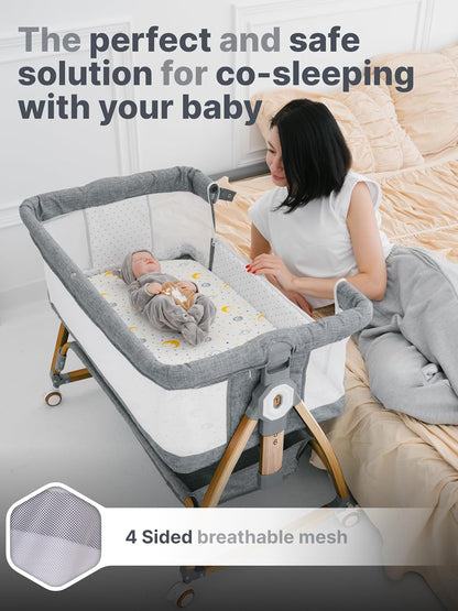 Earth&ME Baby Bassinet Bedside Sleeper with Rocking - All Mesh Portable Bedside Crib for Safe Co-Sleeping, Storage Basket and Wheels, Adjustable Height, Includes Travel Bag, Mosquito Net (Whate, Grey)