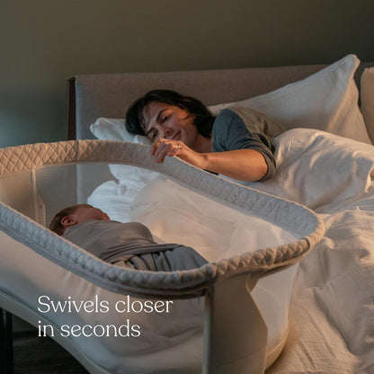 HALO BassiNest Soothing Swivel Sleeper 3.0S – Over-Bed Baby Bassinet with 360 Rotation, Adjustable Height, Breathable Mesh, Calm Sounds & Vibrations, Safe Close Sleeping, Lowering Wall for Easy Access